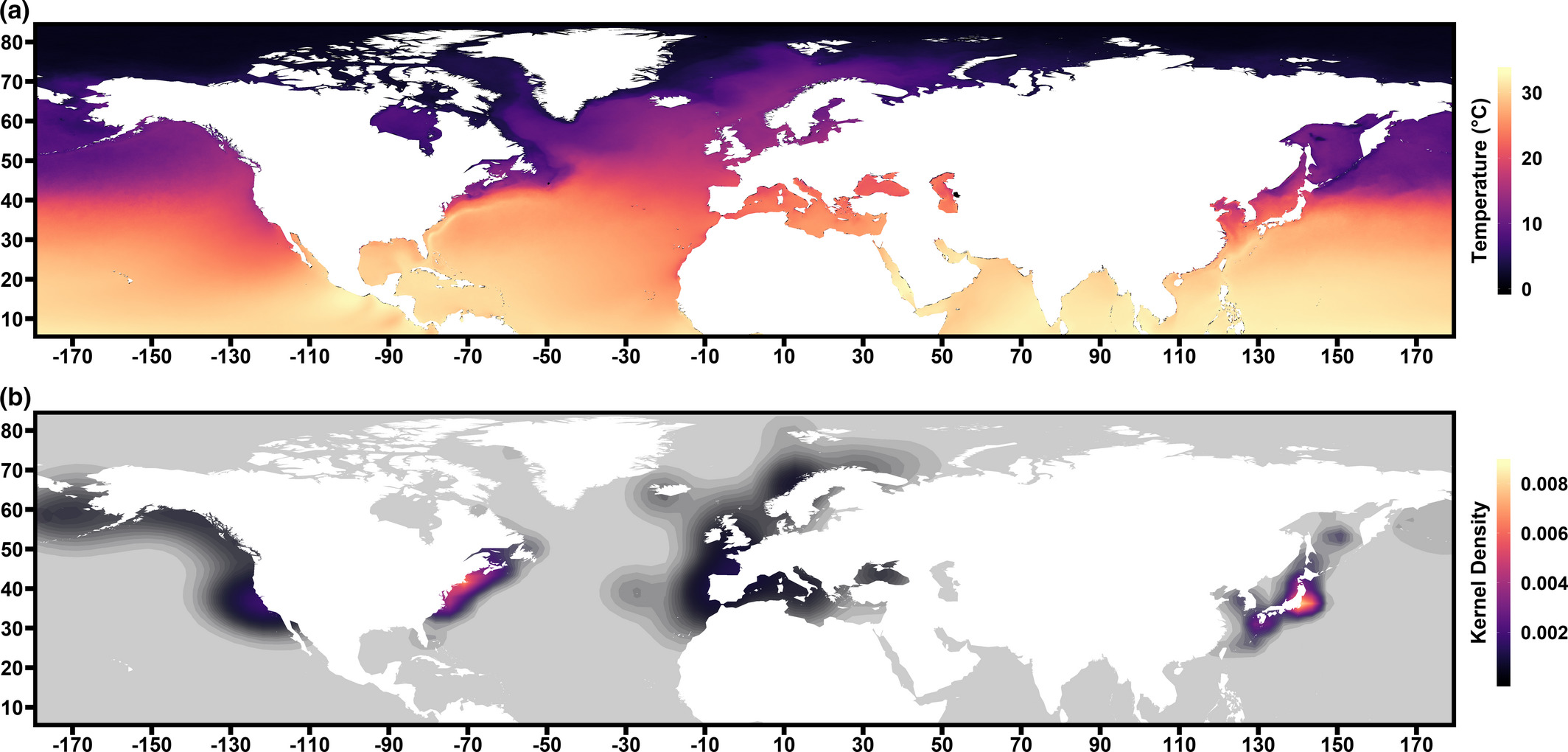(a) Plot of mean annual sea surface temperature from 1985 to 2009. Plot generated from data available at NASA‘s Physical Oceanography Distributed Active Archive Center (Chin et al., 2010). (b) Heatmap of northern range endpoints of all species; warmer areas indicate greater relative density
